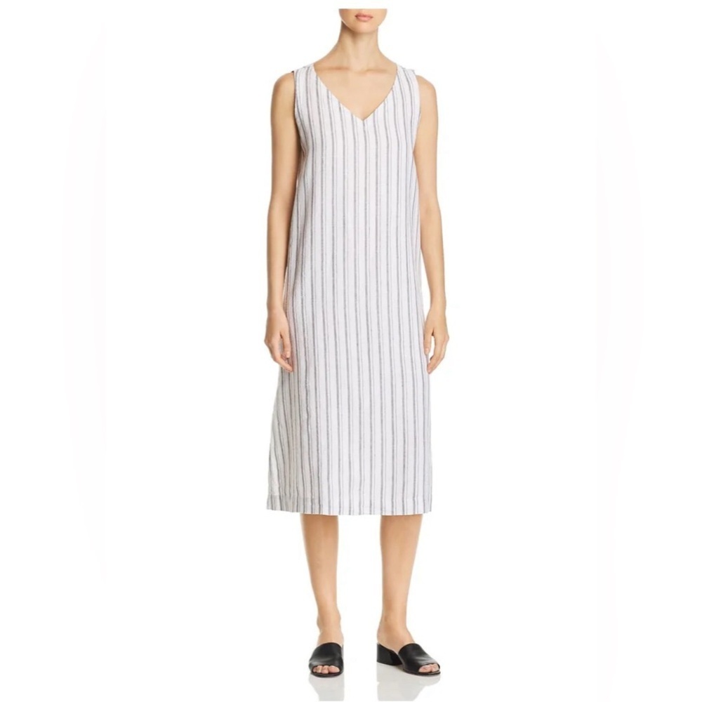 EILEEN FISHER Linen White Striped Sleeveless V Neck Midi Shift Dress, Size S